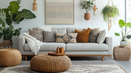 A bohemian-inspired living room with earthy tones and textures. A comfortable light-gray sofa