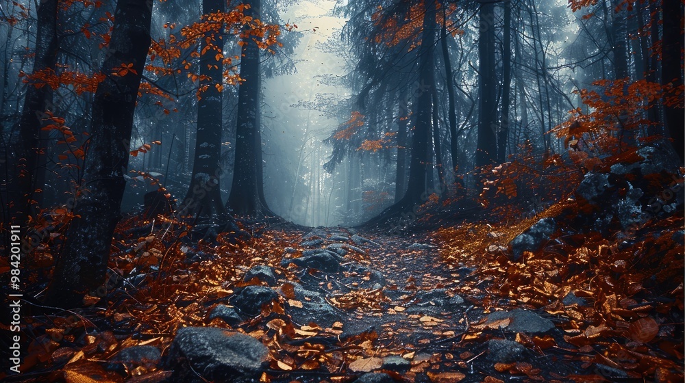 Poster a magical forest pathway lined with a mixture of autumn-colored and green trees. the ground is strew