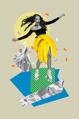 Fototapeta premium Vertical creative template graphics collage image of impressed excited lady wear banana skirt rising rollers isolated beige color background