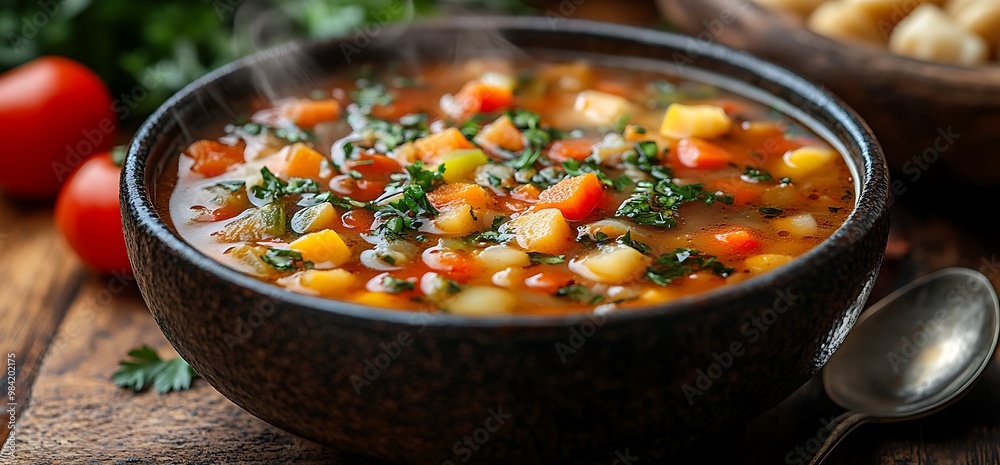 Wall mural A bowl of steaming hot vegetable soup with fresh herbs on top.