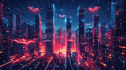 Obraz premium Futuristic Cityscape of Glowing Glass Towers with Vibrant Neon Lights and Motion