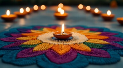 Intricate rangoli design with vibrant colors and diyas lit around it in preparation for Diwali celebrations 
