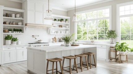 A bright, airy kitchen with white shaker cabinets, a large island with a marble countertop