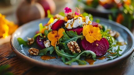 sałatka, buraki, pieczone, jesień, kozi ser, orzechy, rukola, talerz, ceramika, sałatki, elegancja, dekoracja, zielenina, świeżość, kolor, restauracja, gourmet, luksus, zdrowie, wegetariańskie, warzyw