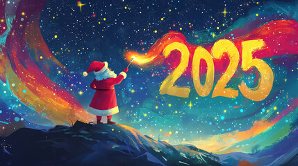 Santa Claus draws the numbers 2025 with his magic wand.