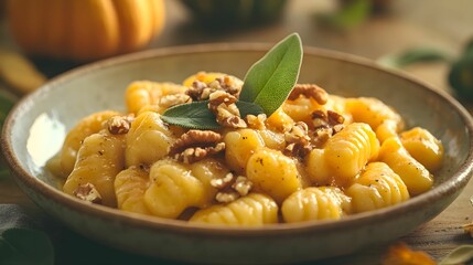 Fototapeta premium gnocchi, dynia, orzechy, włoskie, jesień, talerz, elegancja, szałwia, masło, brązowe, restauracja, fine dining, ciepłe, jesienne, dekoracja, garnir, delikatne, wykwintne, kuchnia, talerz, ekskluzywne,