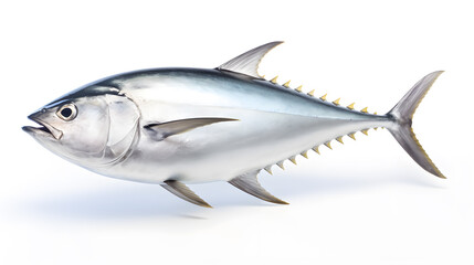 Fototapeta premium Fresh whole tuna fish with glossy silver skin isolated on white background