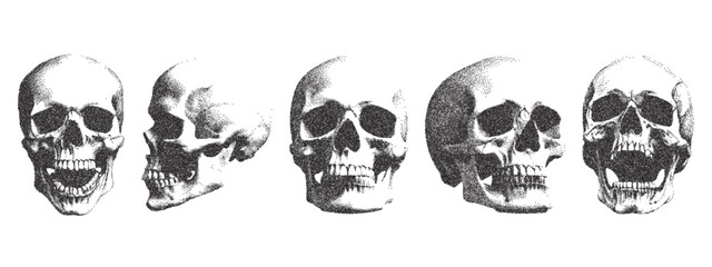 Vector skull. Trendy monochrome retro elements. Modern stipple dots texture for design art. y2k collage set for poster, banner, cover.