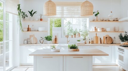 A bright and airy kitchen with white cabinets and light wood accents