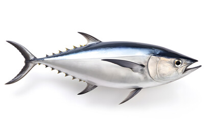 Fototapeta premium Fresh whole tuna fish with glossy silver skin isolated on white background