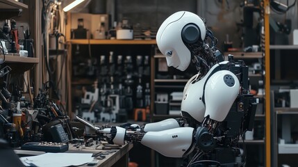 Fototapeta premium Human-Robot Interaction Designer Programming Emotional Responses in Advanced Humanoid Robot in Workshop