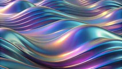 Fototapeta premium Holographic chrome gradient waves abstract background. Liquid surface, ripples, reflections. 3d render illustration. Futuristic modern backdrop design for business, presentation, ads, banner
