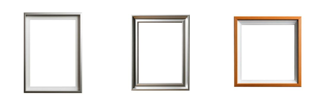 A brushed steel metallic picture frame, industrial design with clean edges, minimalist aesthetic, blank space for design, isolated on white background