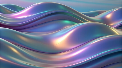 Obraz premium Holographic chrome gradient waves abstract background. Liquid surface, ripples, reflections. 3d render illustration. Futuristic modern backdrop design for business, presentation, ads, banner