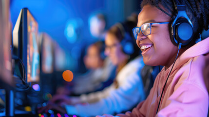 Obraz premium Happy young gamer enjoying online gaming at a cyber cafe