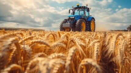 A blue tractor riding on the wheat field. Generative AI.