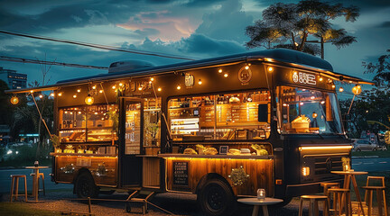 Obraz premium Truck food, an exclusive pop-up outdoor restaurant, warm atmosphere. Generative AI.