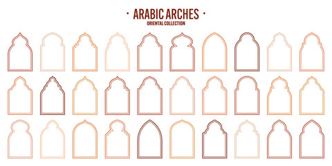 Islamic frames, oriental style objects. Arabic shapes, windows and arches. Traditional ornamental banner, frame. Muslim holidays, Ramadan Kareem. Modern eastern architecture. Vector illustration