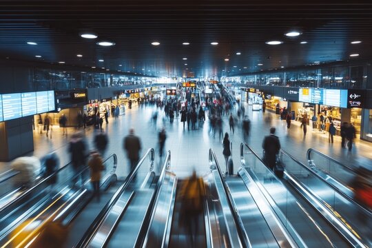 A bustling airport terminal with travelers moving quickly. The scene captures energy and motion in a modern travel environment. Perfect for travel and lifestyle projects. Generative AI