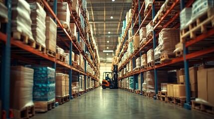 A Forklift Driving Through a Warehouse Aisle Lined With Shelves of Cardboard Boxes