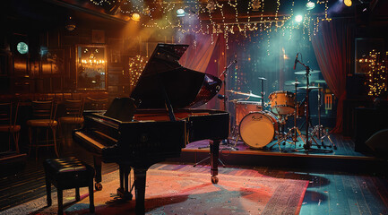 Club stage. room grand piano with drum, club lighting. Generative AI.
