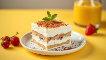 A piece of Traditional Italian dessert Tiramisu with berries