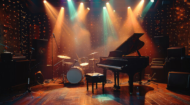 Club stage. room grand piano with drum, club lighting. Generative AI. - Powered by Adobe
