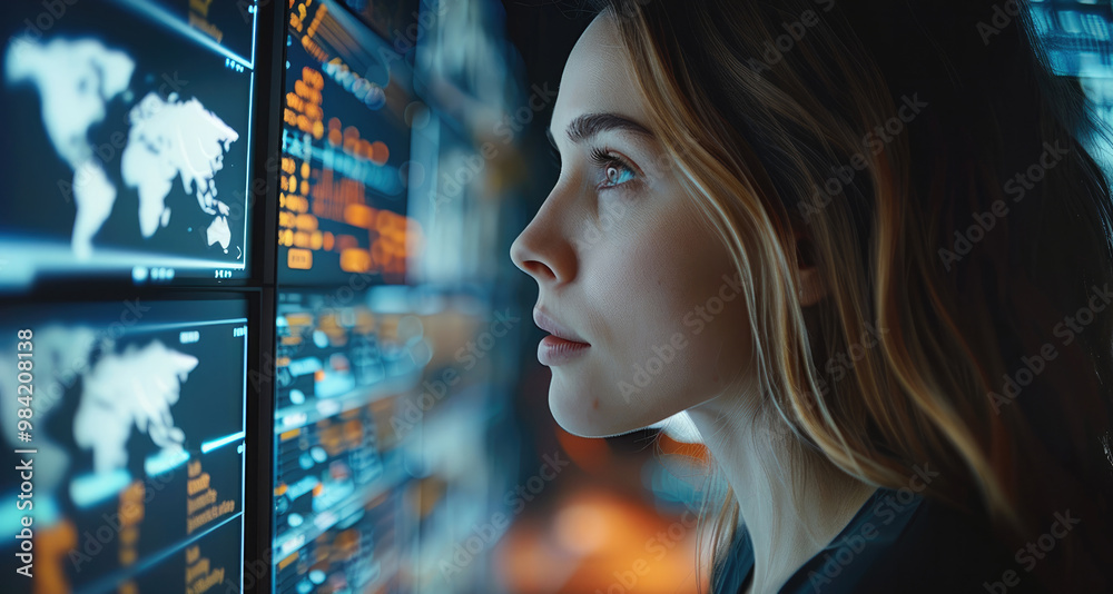 Aufkleber Businesswoman analyzing AI data streams on screens, control panel of a global trading system on the blockchain. Generative AI.
