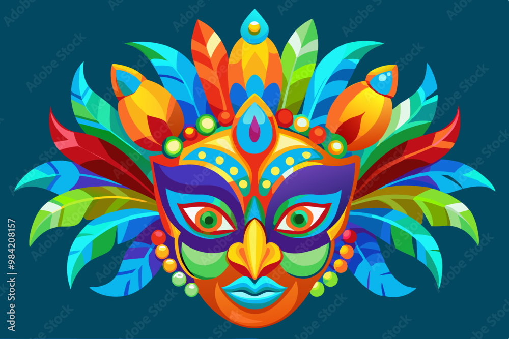 Wall mural a vibrant and colorful festival mask with intricate details, adorned with feathers in bright orange,