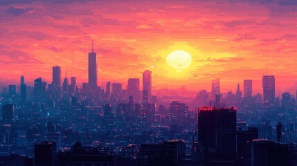 Fototapeta premium Vibrant Sunset Over Cityscape with Colorful Sky