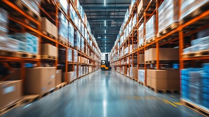 Forklift Moving Through a Blurred Warehouse Aisle