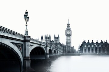 Naklejka premium A stunning view of London with the iconic Big Ben and Westminster Bridge. This serene image captures the essence of the city. Perfect for travel themes. Generative AI