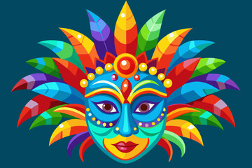 A vibrant and colorful festival mask with intricate details, adorned with feathers in bright orange, blue, green, and red tones. Brazil carnival masks vector art illustration 