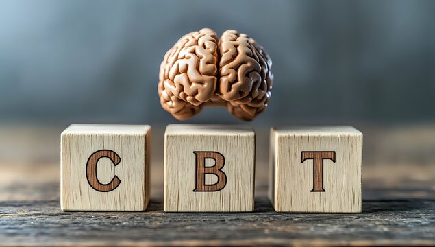 A brain model sits above wooden blocks spelling "CBT," representing cognitive behavioral therapy.