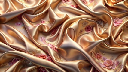 Obraz premium Luxurious Silk Fabric Texture, Flowing Satin with Floral Patterns, Soft Lighting, High Resolution