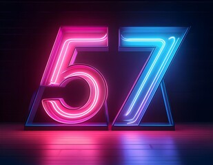 3d neon light number 57 glowing in the dark, pink blue neon light	