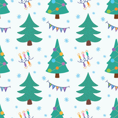 Vector seamless pattern with Christmas trees and garlands. New Year and Christmas illustration for wrappers, wallpapers and packaging.