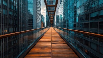 A wooden skywalk connecting two high-rise buildings, with transparent floors and walls for thrilling views of the city below