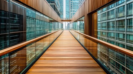 A wooden skywalk connecting two high-rise buildings, with transparent floors and walls for thrilling views of the city below