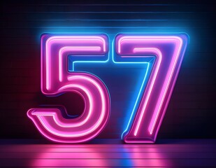 3d neon light number 57 glowing in the dark, pink blue neon light	