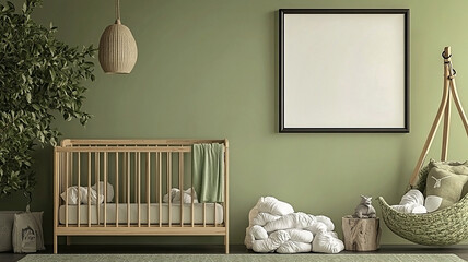 A green and white nursery with blank picture frame on the wall to add your art, furniture mock-up