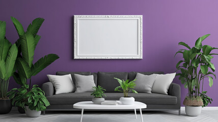 A purple and white lounge room with picture space for adding wall art, furniture mock-up