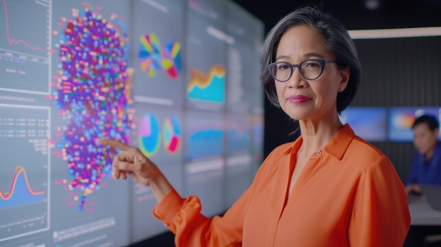 Professional middle-aged Asian woman presenting financial data on a digital screen in modern office. The concept of financial management, inclusion, and business strategy.