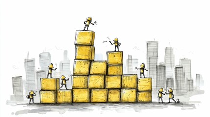 Obraz premium Sketch of workers building with large yellow blocks in a cityscape