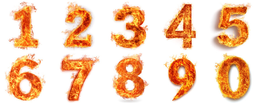 set of hell fire numbers: 1, 2, 3, 4, 5, 6, 7, 8, 9, 0. isolated on white background
