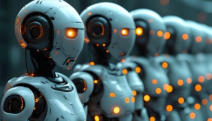 Futuristic display of advanced robots featuring glowing elements, showcasing cutting-edge artificial intelligence and cybernetic innovation.