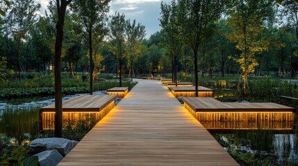 Fototapeta premium A wooden walkway leading through a serene park, with integrated LED lighting and seating areas made from recycled wood