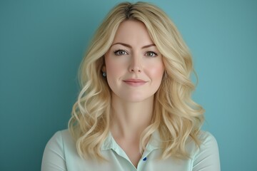 Fototapeta premium A blonde woman with long hair is smiling for the camera. The image has a bright and cheerful mood, with the woman's smile and the blue background adding to the overall positive atmosphere