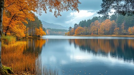 Fototapeta premium Tranquil Autumn Lake Surrounded by Golden Trees and Hills