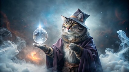 Wizard cat commands attention, its outstretched paw cradling a pulsing crystal, as ethereal fog dances around its statuesque silhouette.